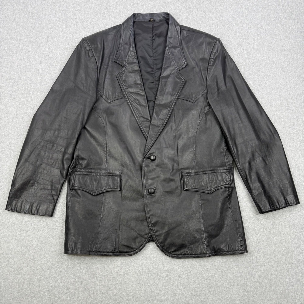 Vintage Pioneer Wear Blazer Mens 46 Black 100% Grain Leather Sport Coat Western